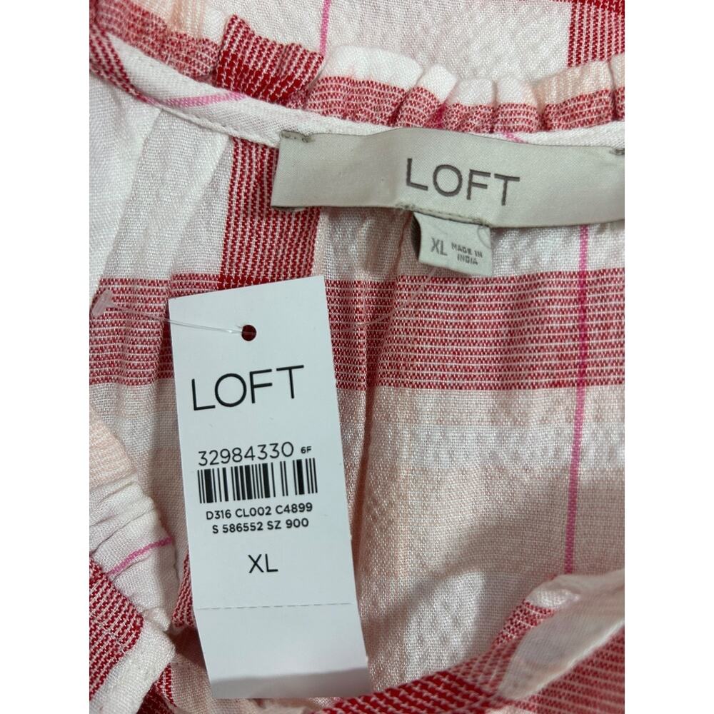 Loft Gauzy Picnic Dress XL Red White Plaid Flutter Sleeves Ruffle Hem No Belt - Picture 6 of 11